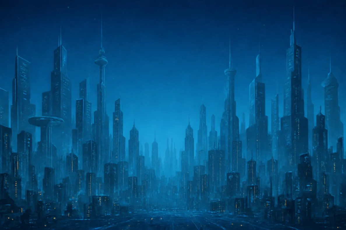 Dark blue futuristic cityscape with lights glowing through the night